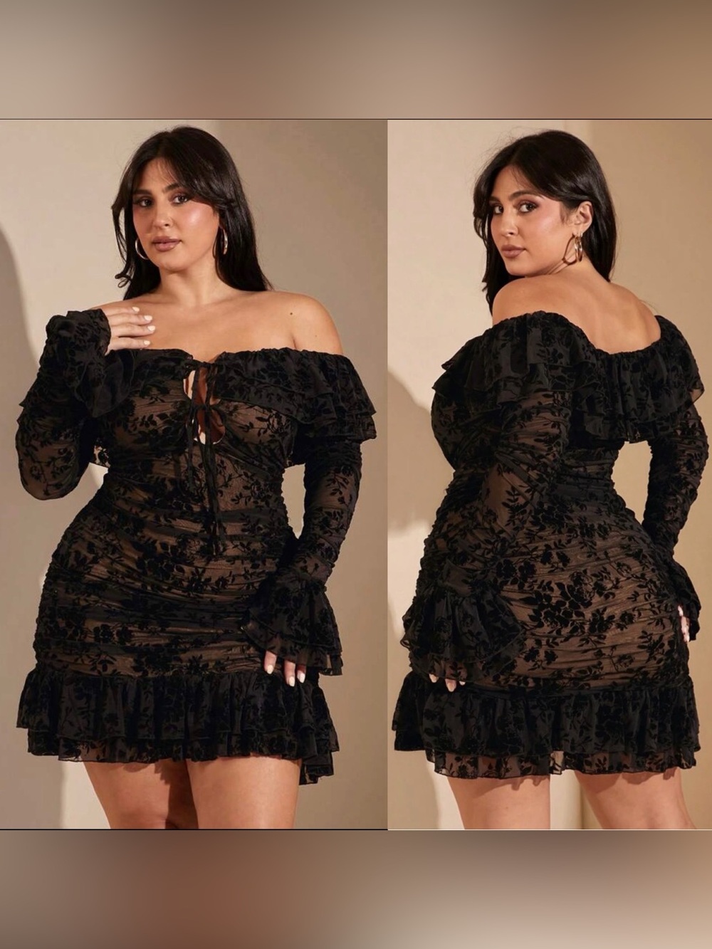 SHEINCurve Black Off-Shoulder Velvet Floral Mesh Mini Dress